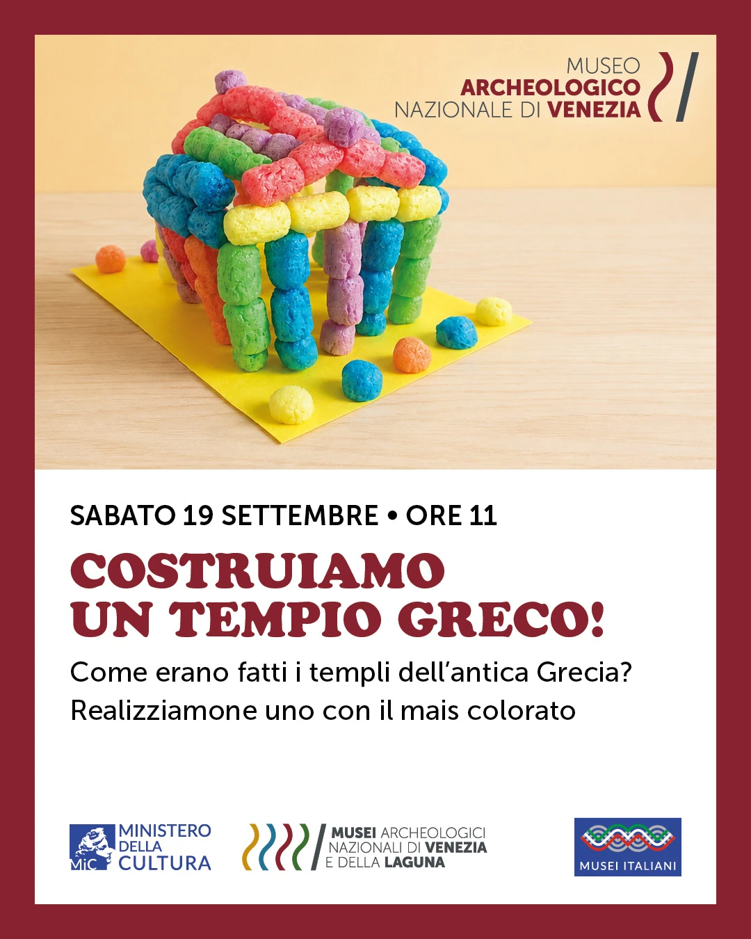 Costruiamo un tempio greco | Laboratorio didattico per bambini/e dai 7 anni in su 19 settembre 2026, ore 11:00 Museo archeologico nazionale di Venezia